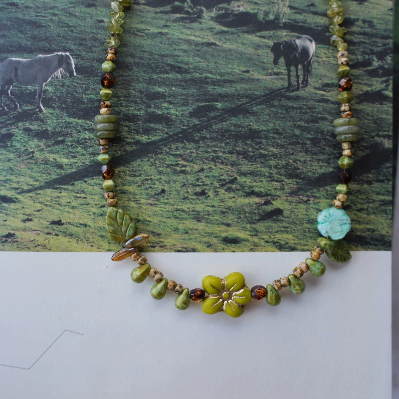 “Green Fields” Vintage Czech Bead Necklace